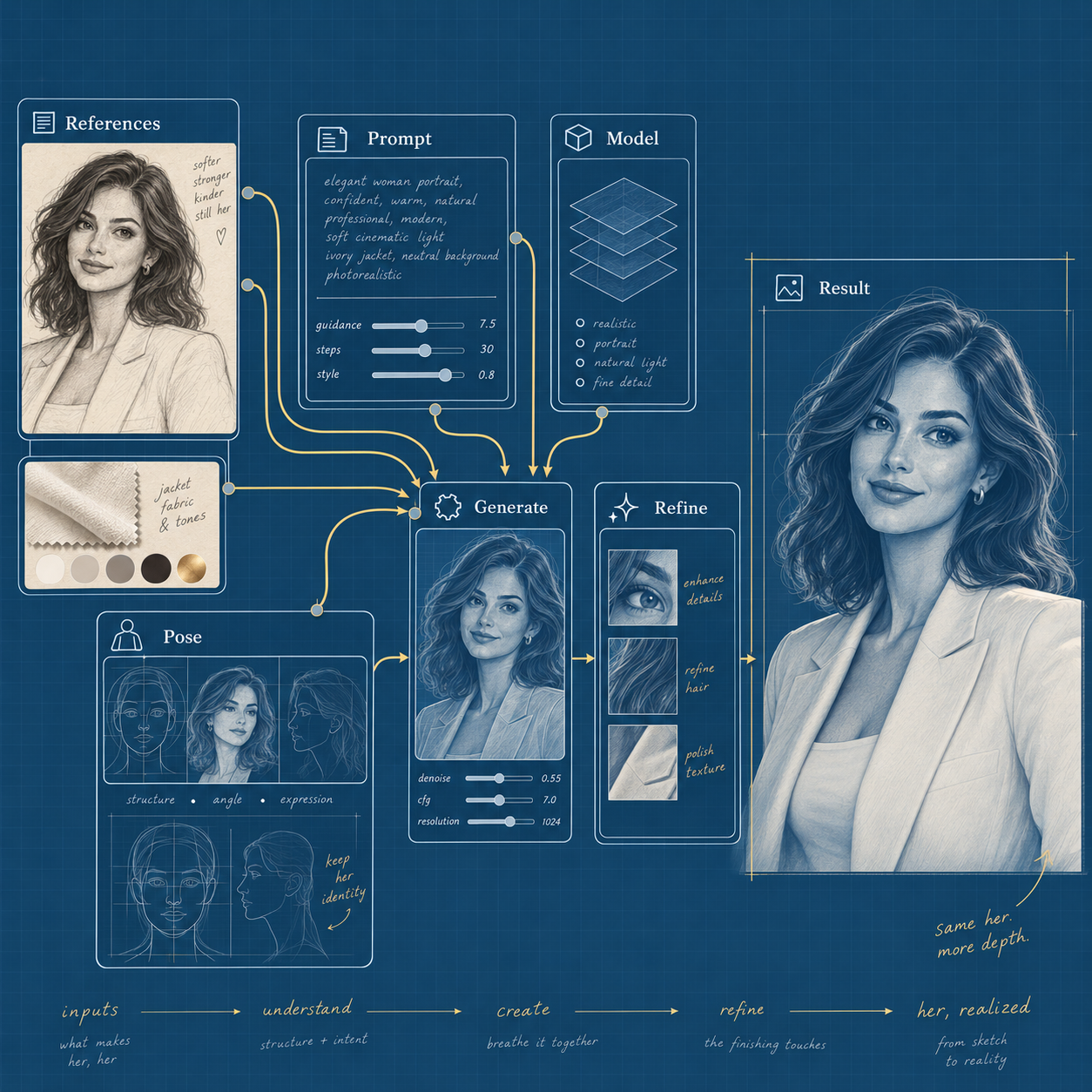 Blue node workflow connecting character references, prompt, model and pose to generation, detail refinement and the finished portrait.