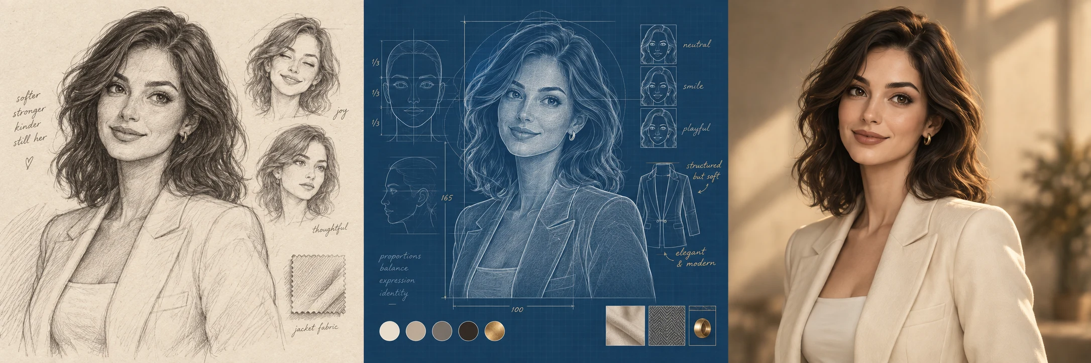 Pencil character study of an original woman, with expression sketches and a fabric swatch.