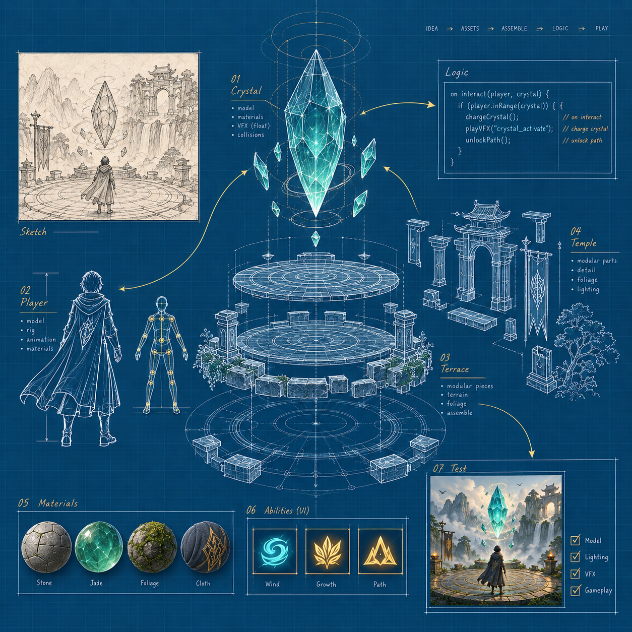 Blue game production plan showing exploded 3D crystal and terrace assets, a character rig, materials, gameplay code and a test scene.