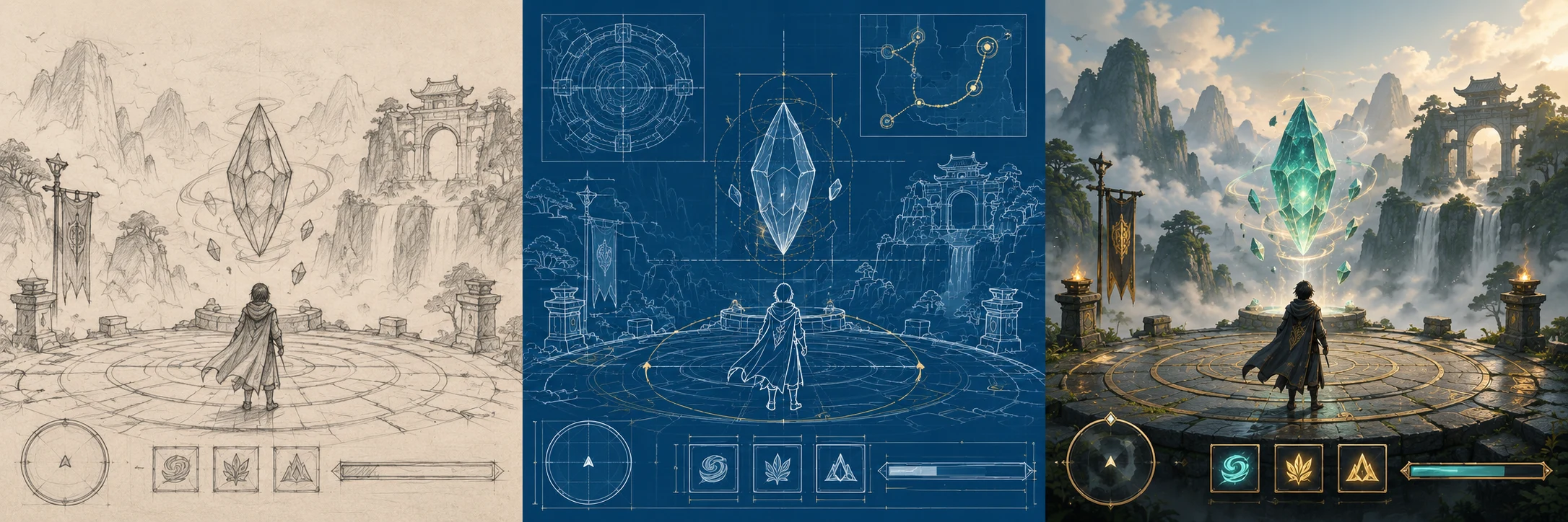 Pencil game concept of a robed adventurer facing a floating crystal on a mountain terrace.