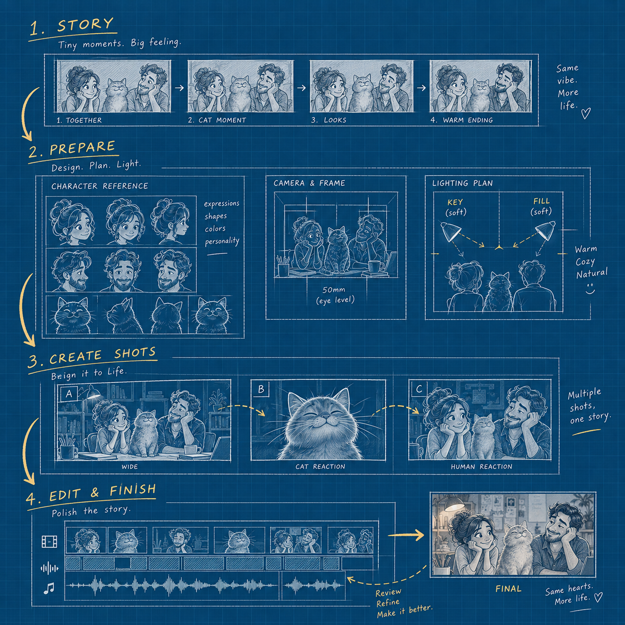 Blue story-to-screen production plan with storyboards, character references, camera and lighting, shot creation and an editing timeline.