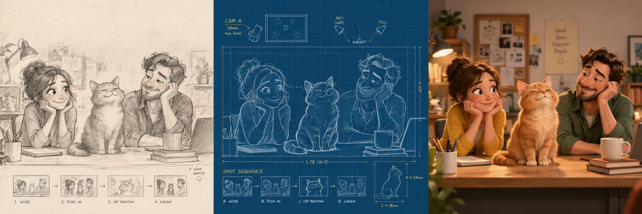 Hand-drawn storyboard of two office colleagues smiling at a ginger cat on their desk.