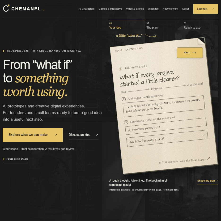 The Chemanel website in charcoal and gold, with a paper prototype illustration